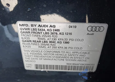 2019 Audi Q5 45 Premium z USA, uszkodzony, nr VIN WA1BNAFY9K2094202